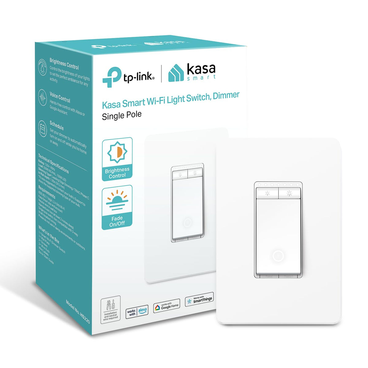 Kasa Smart Dimmer Switch HS220, Single Pole, Needs Neutral Wire, 2.4GH