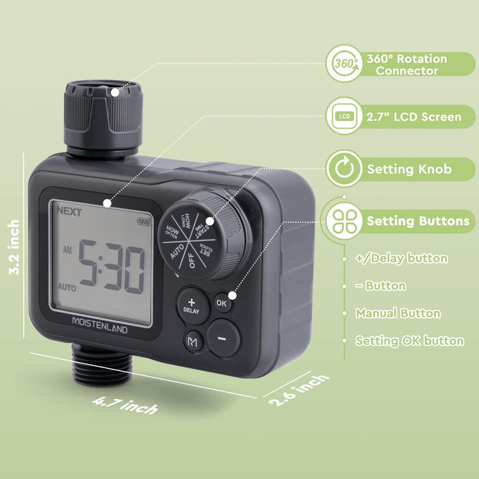 MOISTENLAND Sprinkler Timer, Water Timer for Garden Hose, Water Hose Timer Outdoor, with Rain Delay/Manual/Automatic Watering System, IP54 Waterproof, 2.6 Inches Large Screen(1 Outlet)