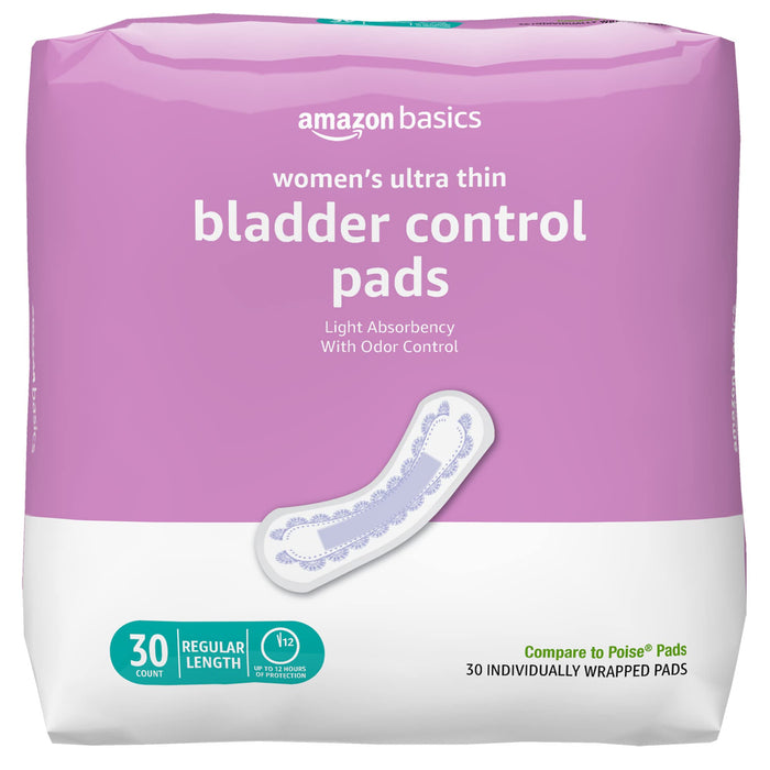 Amazon Basics Women's Incontinence Pads, Bladder Control & Postpartum, Light Absorbency, Unscented, 30 Count, (1 Pack of 30)