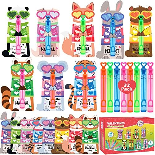 Valentines Day Gifts for Kids, 32 Pack Mini Bubble Wands with Valentines Animal Themes Greeting Cards for Kids, Valentine's Day School Prize Party Favor, Classroom Exchange Gift Set