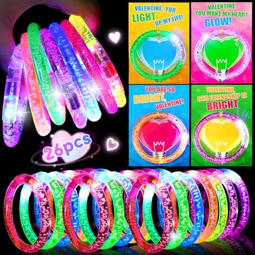 Thremhoo 26PCS Glow in the Dark LED Bracelets Valentine Day Cards for Kids School Classroom Funny Light Up Valentines Exchange Gifts for Toddler Boys Girls Valentine’s Party Treat Stuffers Fidget Bulk