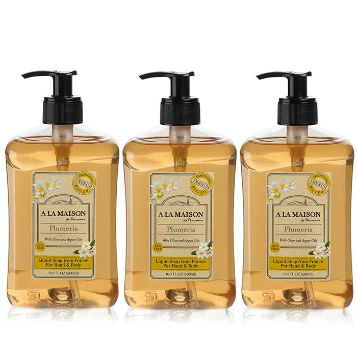 A LA MAISON Plumeria Liquid Hand Soap - Triple French Milled Natural Moisturizing Soap (Pack of 3, 16.9 oz Bottle)