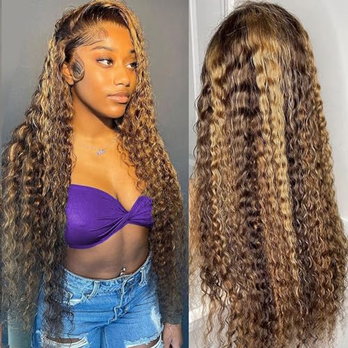 Highlight Ombre Lace Front Wig Human Hair 13x4 Transparent Water Wave Honey Blonde HD Lace Front Wig Human Hair 180 Density Pre Plucked with Baby Hair 26 Inch