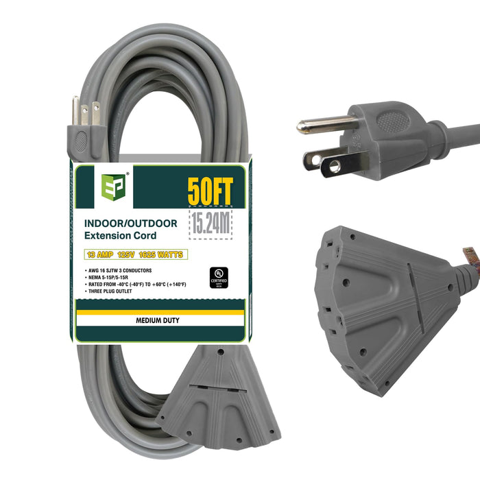 EP 50 Ft Outdoor Extension Cord with 3 Electrical Power Outlets - 16/3 SJTW Grey Cable with 3 Prong Grounded Plug for Safety Great for Christmas Lights, Garden and Major Appliances
