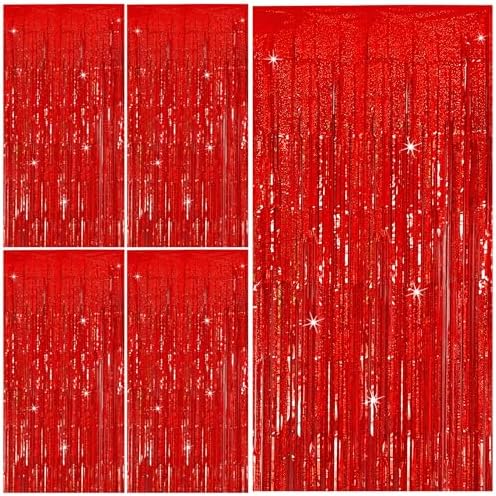 Tinsel Curtain Party Backdrop Red Birthday Party Decorations 5 Packs Glitter Foil Fringe Curtain Party Decor Streamers Photo Booth for Birthday Christmas Wedding Halloween Graduation Decorations