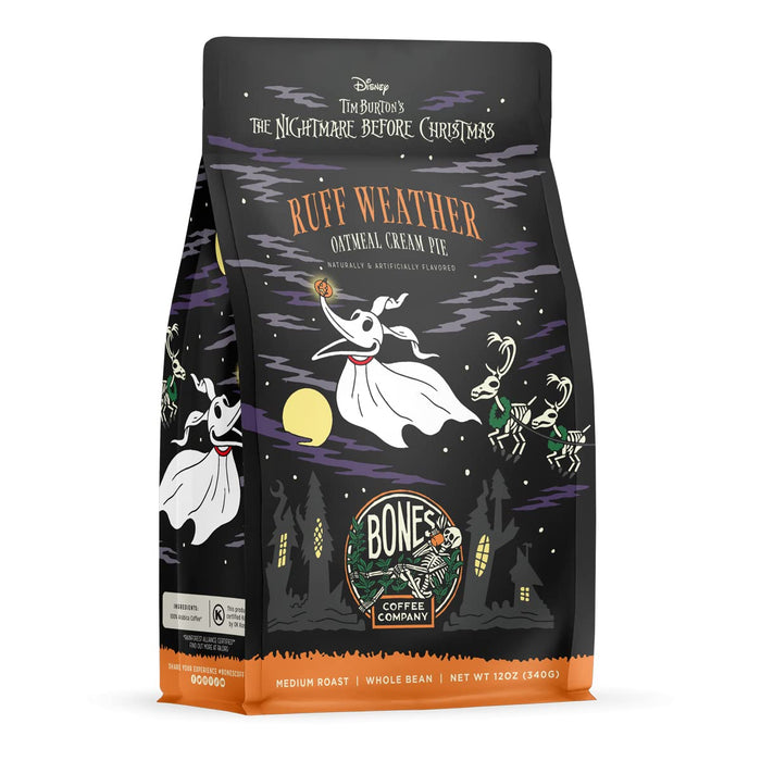 Bones Coffee Company Ruff Weather Flavored Ground Coffee Beans Oatmeal Creampie Flavor, Made with Arabica Coffee Beans, Medium Roast Coffee Inspired by The Nightmare Before Christmas (12 oz)