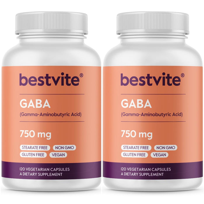 BESTVITE GABA 750mg per Capsule (240 Vegetarian Capsules) (120 x 2) - No Stearates - No Fillers - Vegan - Gluten Free - Non GMO