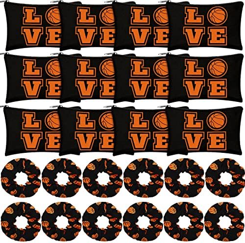 24 Basketball Stuff Set Cosmetic Bags Sport Makeup Bags Pencil Case Portable Storage Case Satin Sport Hair Scrunchies Elastic Hair Bands Basketball Gifts Basketball Accessories for Girl (Black, Love)