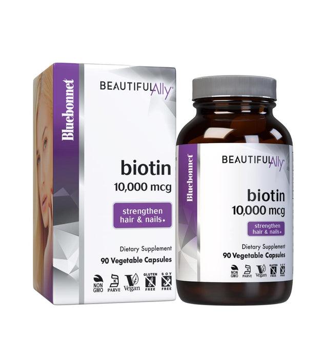 Bluebonnet Nutrition Beautiful Ally Biotin 10,000 mcg, Crystalline Form, Beauty Nutrient, Vegan, Non GMO, Gluten Free, Soy Free, Milk Free, Kosher, 90 Vegetable Capsules