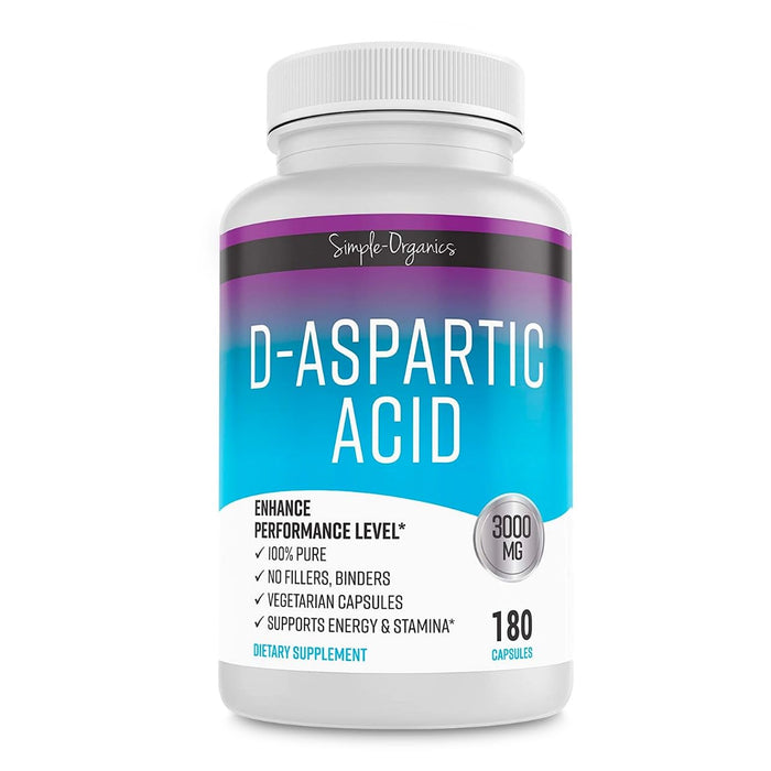 Simple-Organics D-Aspartic Acid Supplement, No Gluten, Binders or Fillers, Dietary Pills for Energy Support, 3000mg D-Aspartic Acid per Serving, 180 Non-GMO Vegan Capsules