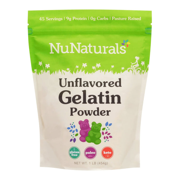 NuNaturals Unflavored Beef Gelatin Powder, Grass Fed, Pasture Raised, 1 lb