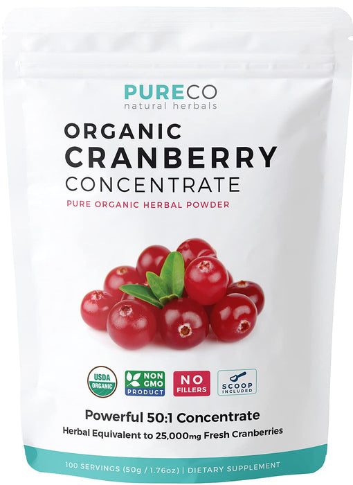 PURE CO USDA Organic Cranberry Concentrate (50:1) Powder - 500mg is Equivalent to 25,000mg of Fresh Cranberries - for Kidney Cleanse & UTI Support Vitamins - Women - Supplement - 100 Servings - No Pills