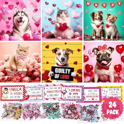 Valentines Day Gifts for Kids - 24 Packs Cat Dog Jigsaw Puzzles with Kids Valentines Day Cards for Classroom School Kids Boys Girls, Valentines Puzzle Gift Exchange Party Favors Class Prizes