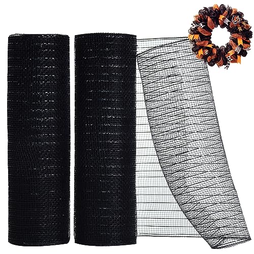 TONIFUL 2 Rolls 10 Inch Black Decorative Mesh Ribbbon Rolls, Fabric Mesh with Foil for Mesh Wreath Supplies, Front Door Wreath Crafts Tree Decor Christmas NewYears Halloween Decoration (10 yds/roll)