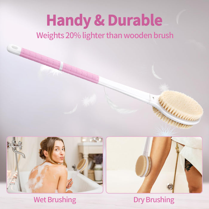 Back Scrubber Body Shower Brush: Anti Slip Long Handle Bath Brush with Stiff and Soft Bristles - Showering Exfoliator for Women, Men, Elderly (Pink)