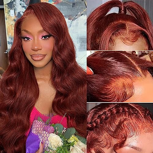 Reddish Brown Lace Front Wigs Human Hair Pre Plucked 13x4 Auburn Colored Human Hair Lace Front Wigs 200 Density Body Wave Reddish Brown Frontal Wig Human Hair 22 Inch