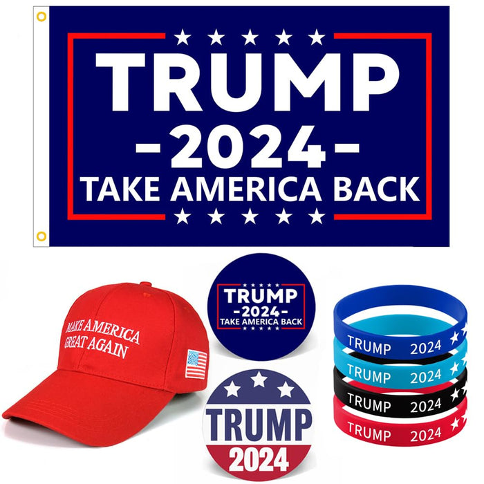 Trump 2024 Flag Hat Merchandise, Including Make America Great Again Hat, Take America Back Flag 3x5Ft, 4 Silicone Bracelets, 2 Buttons Badges