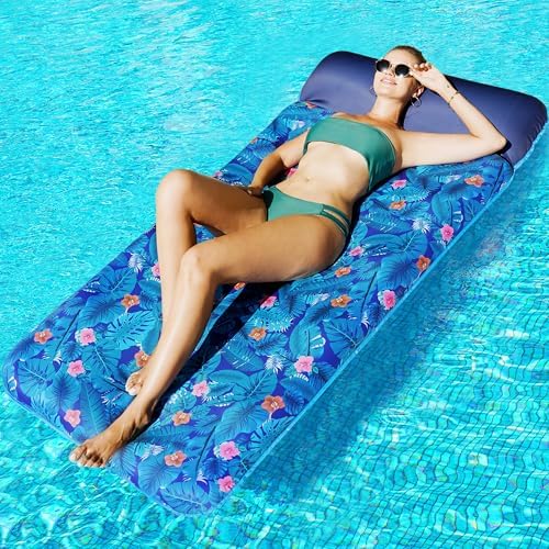 FindUWill Oversized Pool Float Lounge, 72" X 37" Extra Large Fabric-Covered Pool Floats for Adults, Inflatable Contour Lounger with Headrest Ultra-Comfort Cooling Pool Raft (XL, Monstera)