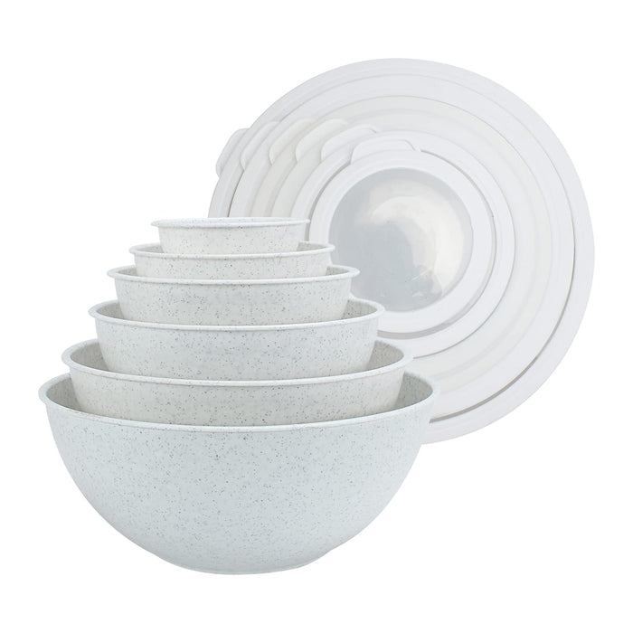 COOK WITH COLOR Mixing Bowls with TPR Lids - 12 Piece Plastic Nesting Bowls Set includes 6 Prep Bowls and 6 Lids, Microwave Safe Mixing Bowl Set (Speckled White)