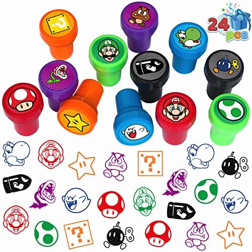 24 Pcs Mario Themed Stampers, Mario Birthday Party Supplies, Goody Bag Treat Bag Stuff for Mario Birthday Party Gifts