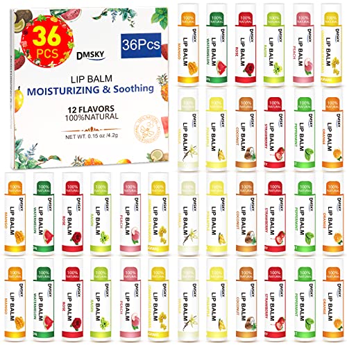 DMSKY 36 Pack Lip Balm, Natural Lip Balm Bulk with Vitamin E and Coconut Oil, Moisturizing Lip Balm for Chapped Lips, Bulk Lip Balm for Women-12 Flavors