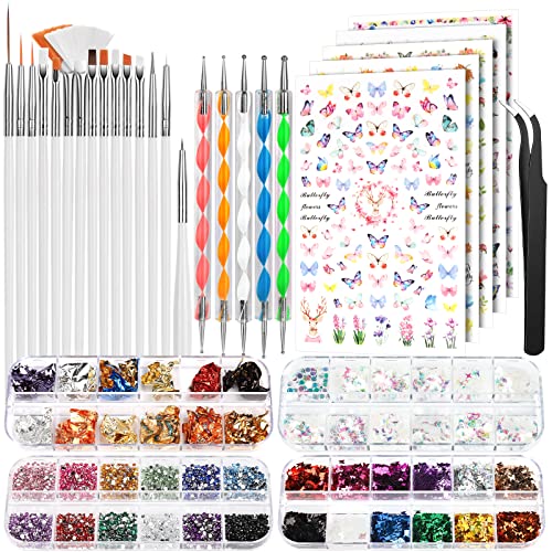 FANDAMEI Nail Tools, Nail Art Brushes Set, Nail Art Dotting Tools, Nail Stickers, Butterfly Nail Art Sequins, Nail Foils, Nail Art Flakes Iridescent, Rhinestones For Nails Design, Nail Art Kits
