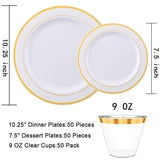 350 Pieces Gold Plastic Plates with Disposable Silverware and Cups, Include: 50 Dinner Plates 10.25”, 50 Dessert Plates 7.5”, 50 Gold Rim Cups 9 OZ, 50 Per Rolled Napkins with Cutlery