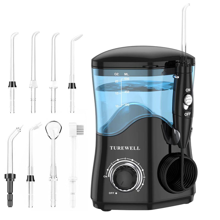 TUREWELL Water Dental Flosser for Teeth/Braces, Water Teeth Cleaner 8 Jet Tips and 10 Pressure Levels, 600ML Large Water Tank Oral Irrigator for Family(Black)