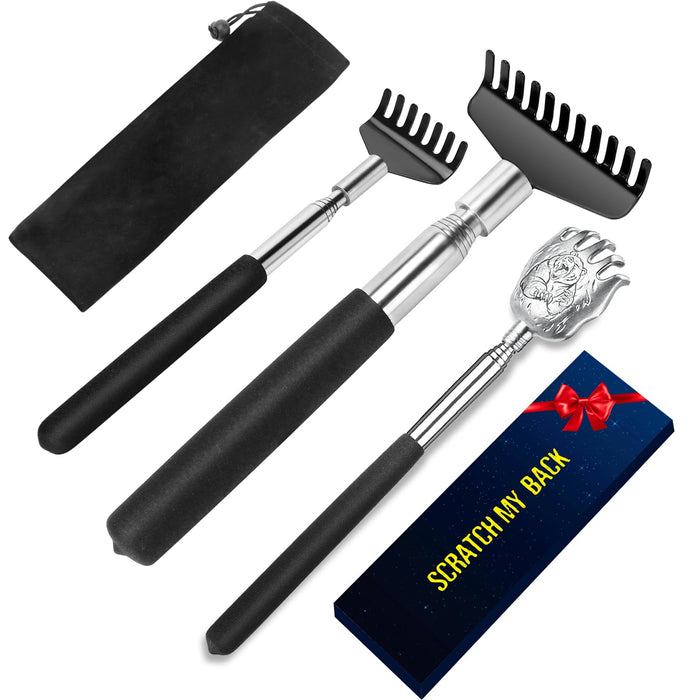 Flanker-L Back Scratcher Set with 3 Styles - Oversize/Bear Claw/Rake Portable Telescoping Massage Tool - Gift/Stocking Stuffers for Men Women