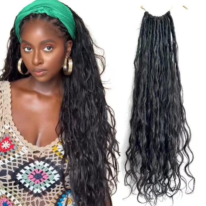 Pre-looped Crochet Boho Faux Locs with Human Hair body wave Ends Boho Hair Braids Goddess Dreadlocks Hair for Black Women Natural Color 18 Inch (Pack of 3)