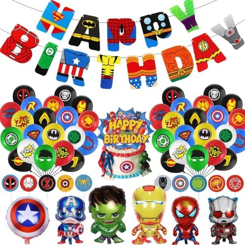 Avengers Birthday Decoration,Superhero Birthday Party Supplies,marvel birthday Banner,Superhero Balloons,spiderman Toppers Cake Toppers,6 Pcs Avengers Large Foil Balloons for Kid's boy Girls