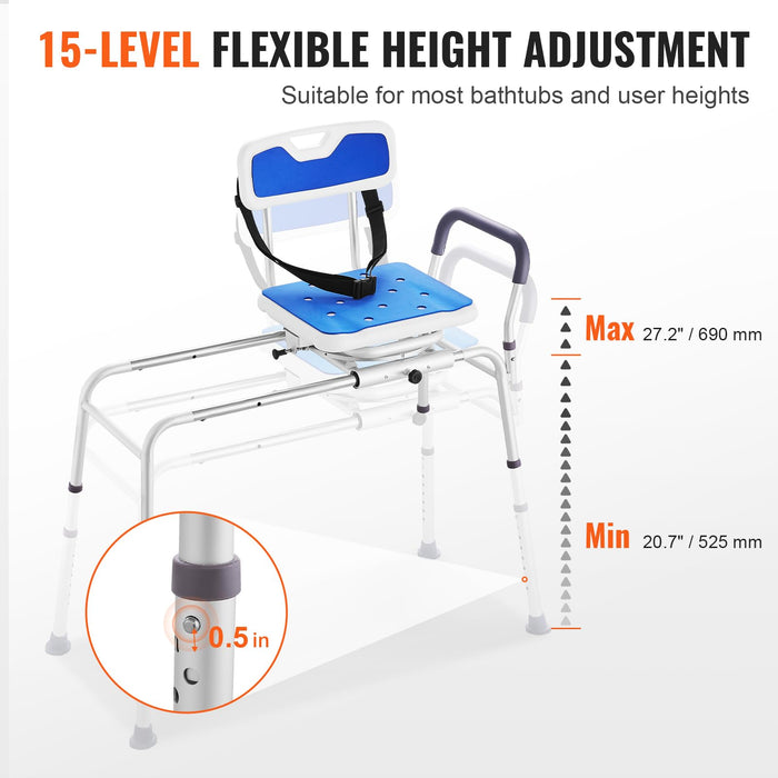 VEVOR Sliding Tub Transfer Bench with 360 Degree Swivel Seat, Height Adjustable Bathtub Transfer Bench with Armrest & Safety Belt, Non-Slip Rotating Shower Chair for Elderly Disabled, 400LBS Capacity