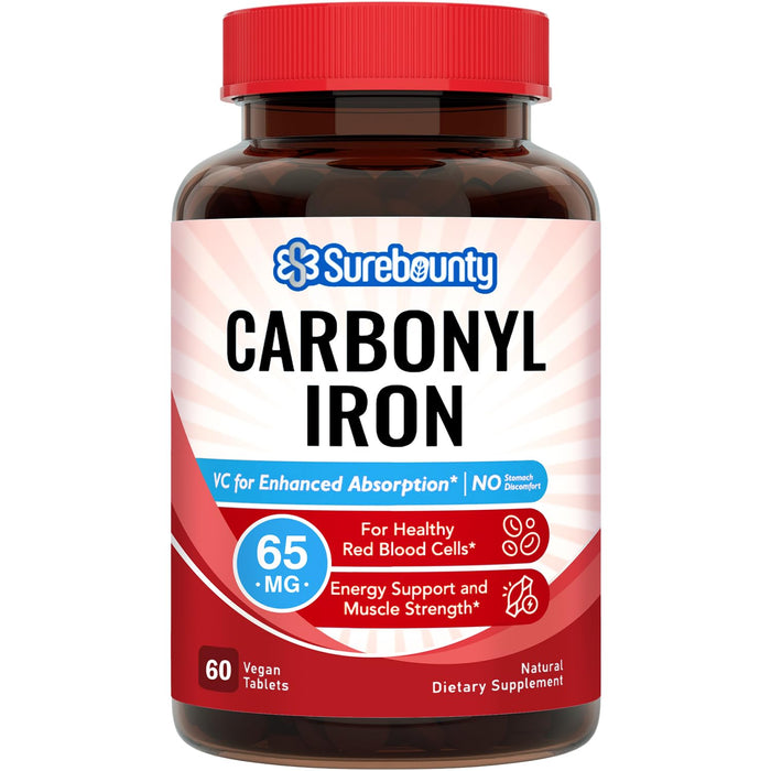 Surebounty Carbonyl Iron, with Natural Vitamin C, Gentle on The Stomach, High Absorption, for Red Blood Cell Function, Energy Support, and Muscle Health, Once Daily, Vegan, 60 Tabs