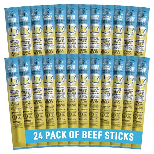Lorissa's Kitchen Premium Grass-Fed & Finished Beef Jerky Snack Sticks 24-Pack: Original Smoked Flavor, 8g Protein, Certified Free from Top 9 Allergens, Gluten-Free, Non-GMO, Zero Sugar, Keto, Paleo