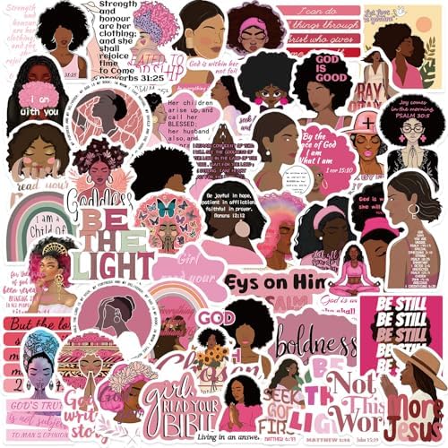 50PCS Black Girl Christian Sticker Pink Bible Decal Jesus Sticker Bible Verse Stickers Christian Stickers for Women Scripture Sticker Faith