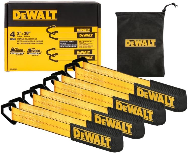 DEWALT DXBC80005 Black/Yellow 2" x 38" Premium Axle Tie Down Strap Kit (12,000 lb Break Strength) - Heavy Duty Protective for Truck, Trailer, ATV, UTV, Support Hoists, 4 Pack