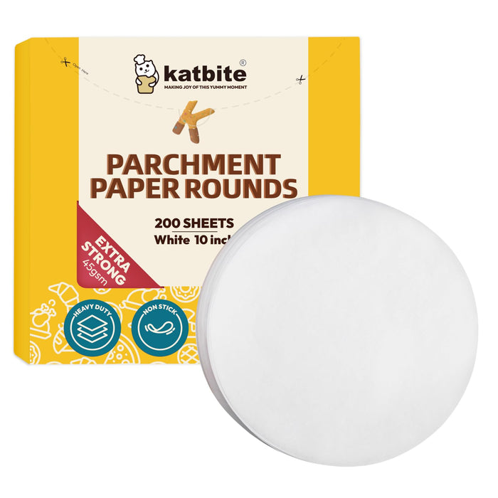 Katbite Heavy Duty Parchment Rounds 10 Inch, 200Pcs Round Parchment Paper Rounds, Use for Cake Baking, Air Fryer Liners, Separating Frozen Patty, Toaster Oven, Tortilla Press