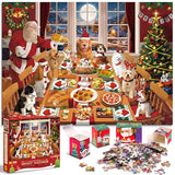 Jigsaw Puzzle Advent Calendar 2024 Christmas Puzzles for Kids and Adults 1008 Pieces in 24 Boxes for Countdown Christmas Gifts for Boys Girls Men Women - Dogs' Christmas Dinner(27.56 x 19.68 Inch)