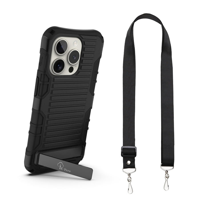 E-Tree for iPhone 15 Pro Case, with Crossbody Strap and Stand, Protective Shockproof Hard Phone Case Black, Perfect for Go Outside and Kid Elderly