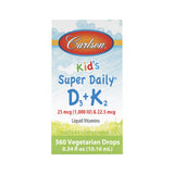 Carlson - Kid's Super Daily D3+K2, 25 mcg (1,000 IU) D3 & 22.5 mcg K2, Vitamin D Drops with Vitamin K2, Liquid Vitamins, 1000 IU Vitamin D3, Heart & Bone Health, 1-Year Supply, Unflavored, 360 Drops