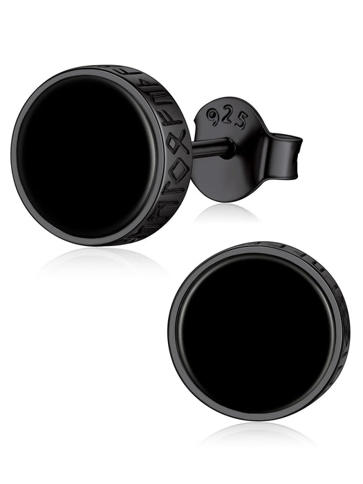 ChicSilver Mens Earrings 925 Sterling Silver Black Onyx Viking Rune 8MM