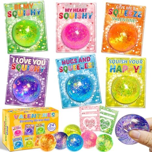 24 Packs Kids Valentines Day Cards with Stress Ball, Stress Relief Valentines Squishies Toy Valentines Day Gifts for Kids, Valentines Day Cards for Kids School Classroom Exchange Party Favors