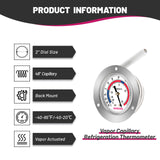 GOATACURA Vapor Capillary Refrigeration Thermometer, Stainless Steel Flanged Panel Mount, 2" Dial Size, 48" Capillary, -40-65 Deg F/-40-20 Deg C