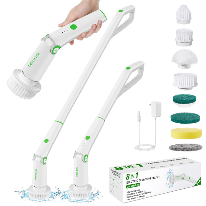 Electric Spin Scrubber,Cordless Cleaning Brush,Shower Scrubber Coming with 8 Replaceable Brush Heads, 3 Adjustable Speeds,Detachable Long Handle,Two Power Buttons,240Mins Working Time