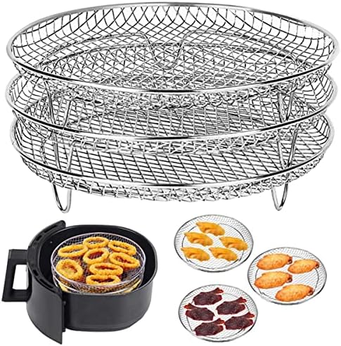 8 inch Round Air Fryer Racks 3 Layers Stackable Dehydrator Rack, 304 Stainless Steel Bacon Air Fryer Accessories for Ninja, Oven, Double Drawer Basket Grill Rack, Ninja Foodi Grill (A)