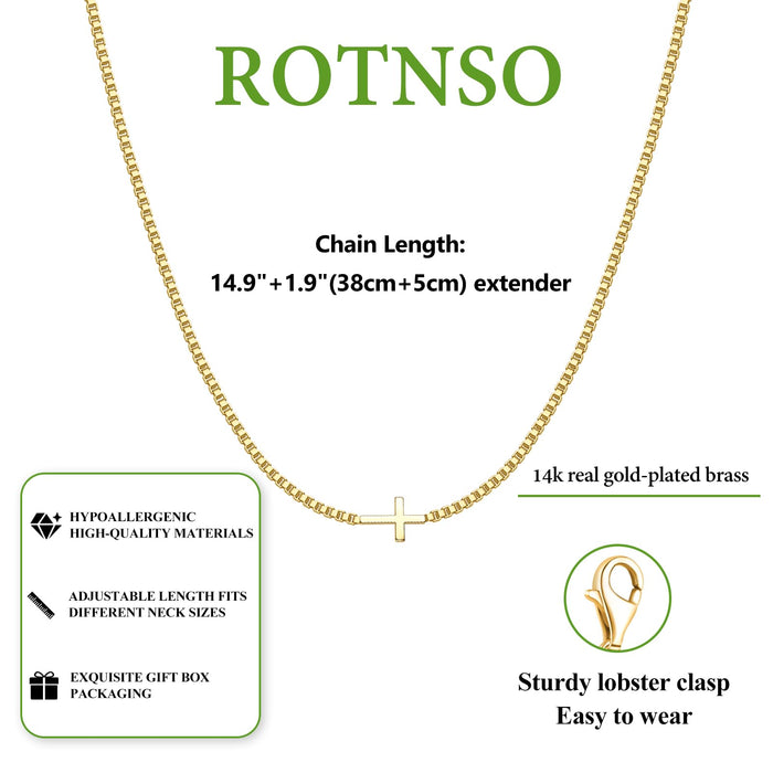 Rotnso Cross Necklace for Women 14K Gold Plated Dainty Small Sideways Cross Pendant Choker Simple Trendy Cute Cross Charm Box Chain Necklace Faith Jewelry Religious Minimalist Gift