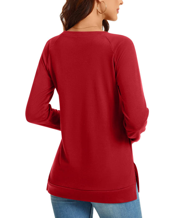 TAOHUADAO Women's 2024 Fall Casual Long Sleeve T-Shirt Side Split Tunic Tops for Leggings Loose Crewneck Sweater Christmas Large, Red