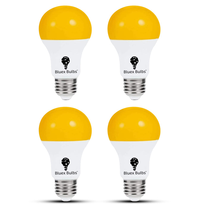 4 Pack LED Dusk to Dawn A19 Bug Light Bulbs, Yellow Bulb, Amber Light with Automatic Sensor Bulb, LED Porch Lights Security Outdoor Bulb, Auto on/Off, 2000K E26, 500 Lumens (4 Pack - Yellow)