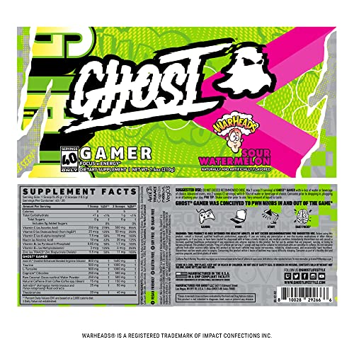 GHOST Gamer: Energy and Focus Support Formula - 40 Servings, Warheads Sour Watermelon - Nootropics & Natural Caffeine for Attention, Accuracy & Reaction Time - Vegan, Gluten-Free