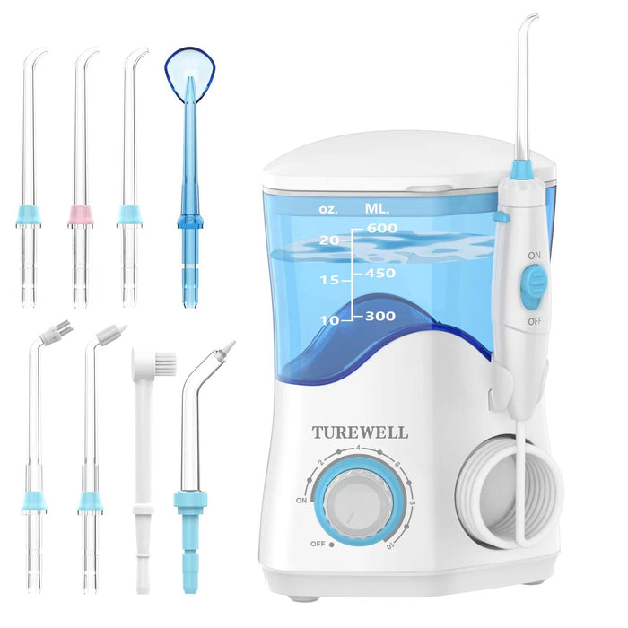 TUREWELL Water Dental Flosser for Teeth/Braces, Water Teeth Cleaner 8 Jet Tips and 10 Pressure Levels, 600ML Large Water Tank Oral Irrigator for Family(White)